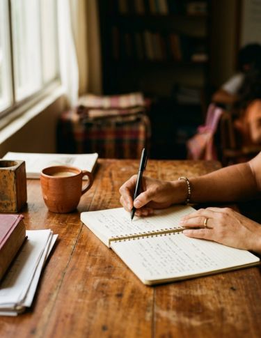 Mãos de professora escrevendo anotações em um caderno