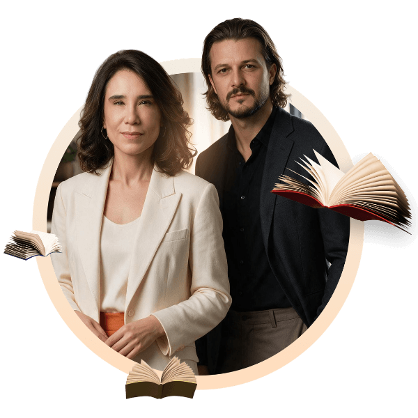 Dra. Ana Beatriz Barbosa Silva e Professor Felipe Máximo, lado a lado, com livros abertos ao redor.