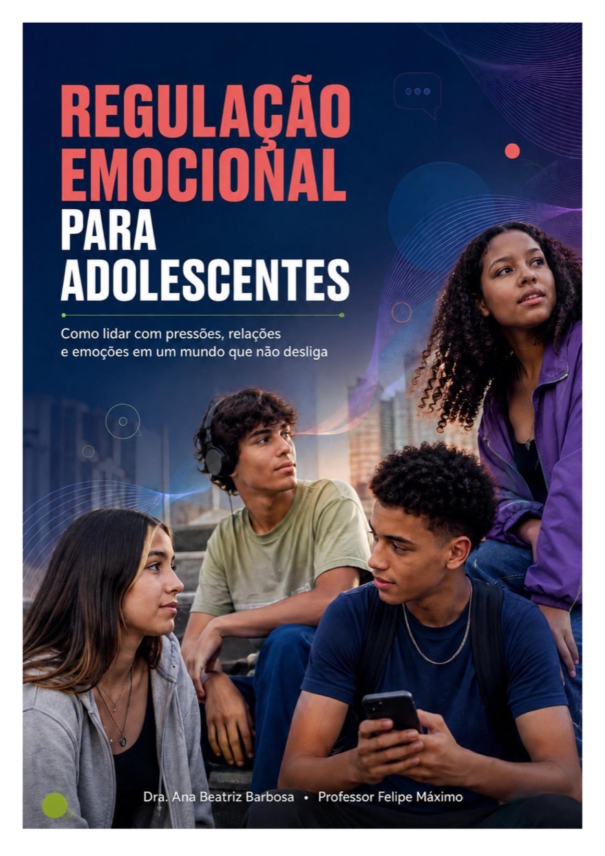 Capa da cartilha Regulação Emocional para Adolescentes, com quatro jovens sentados em uma escadaria.