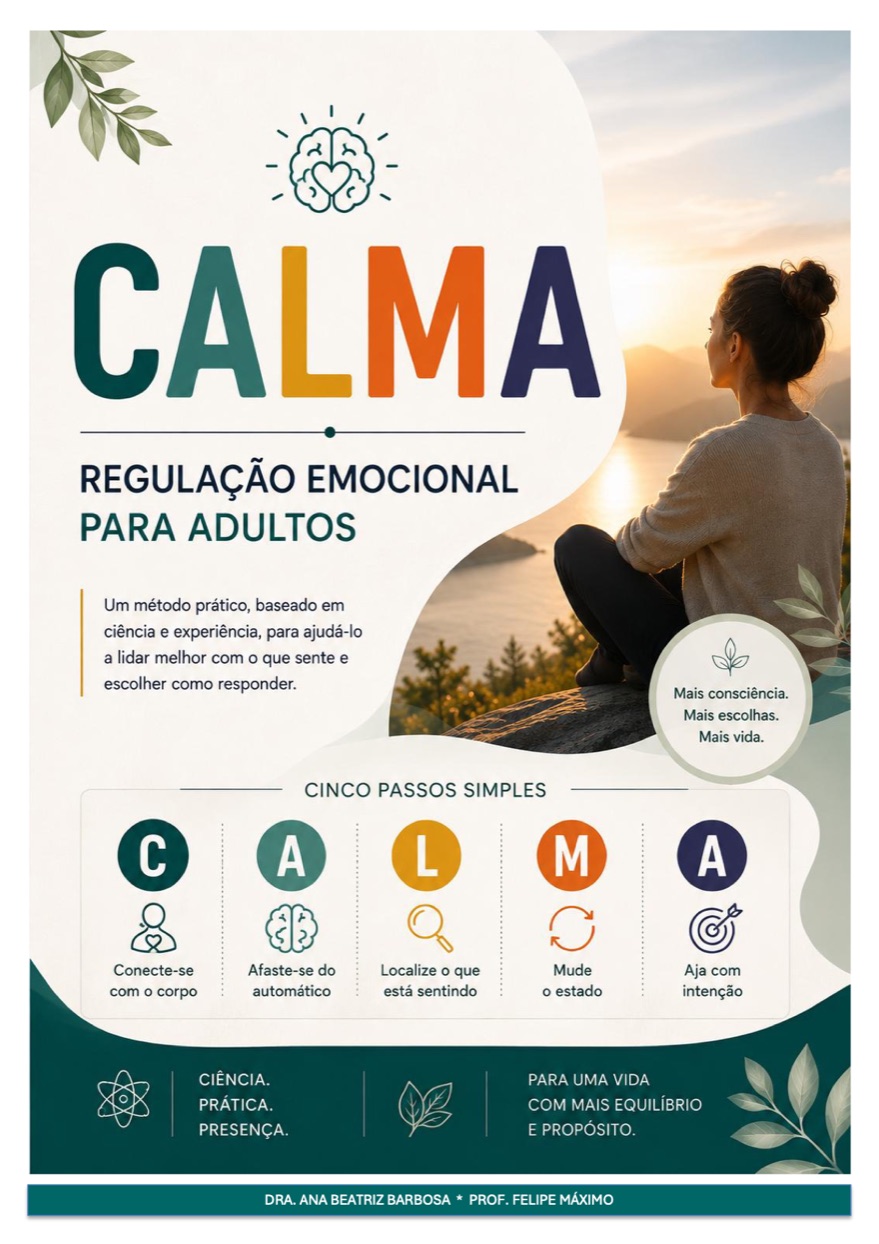 Capa da cartilha CALMA, Regulação Emocional para Adultos, com os cinco passos do método.