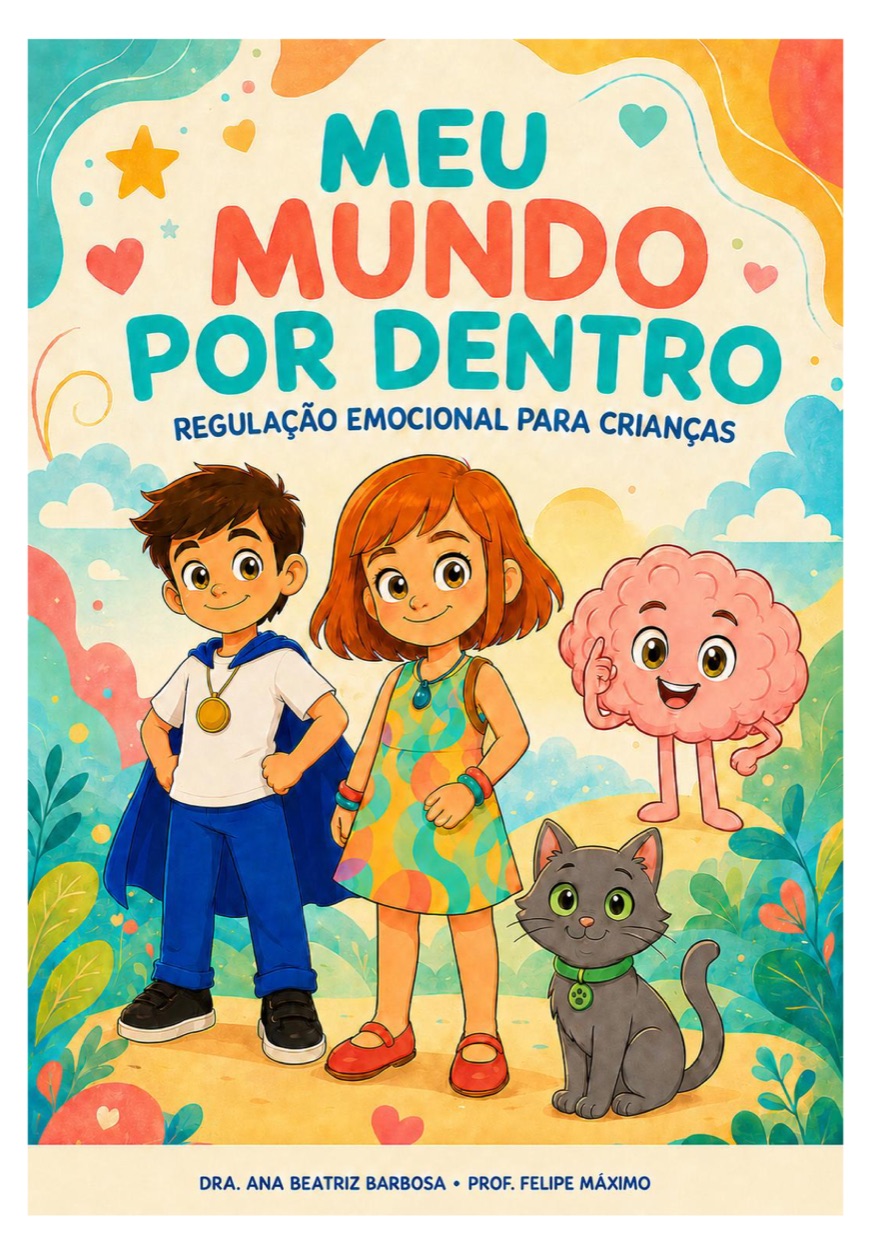 Capa da cartilha Meu Mundo Por Dentro, ilustrada, com duas crianças, um cérebro sorridente e um gato.